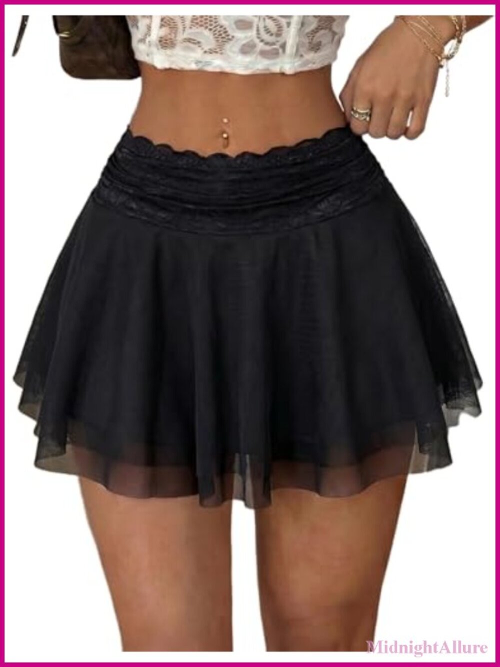 Women's Pleated Mini Skirt Lace Mesh Layered Ruffled